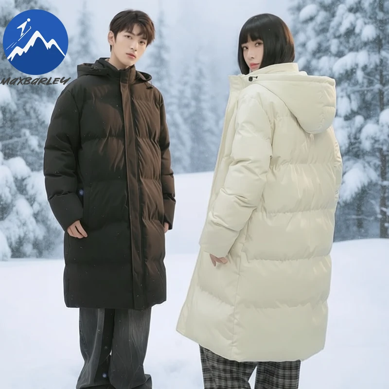 

Maxbarley Korean Warm Jacket Long Men Women Winter 2026 Quality Solid Color Warm Padding Coat Casual Ski Windproof Hooded Parka
