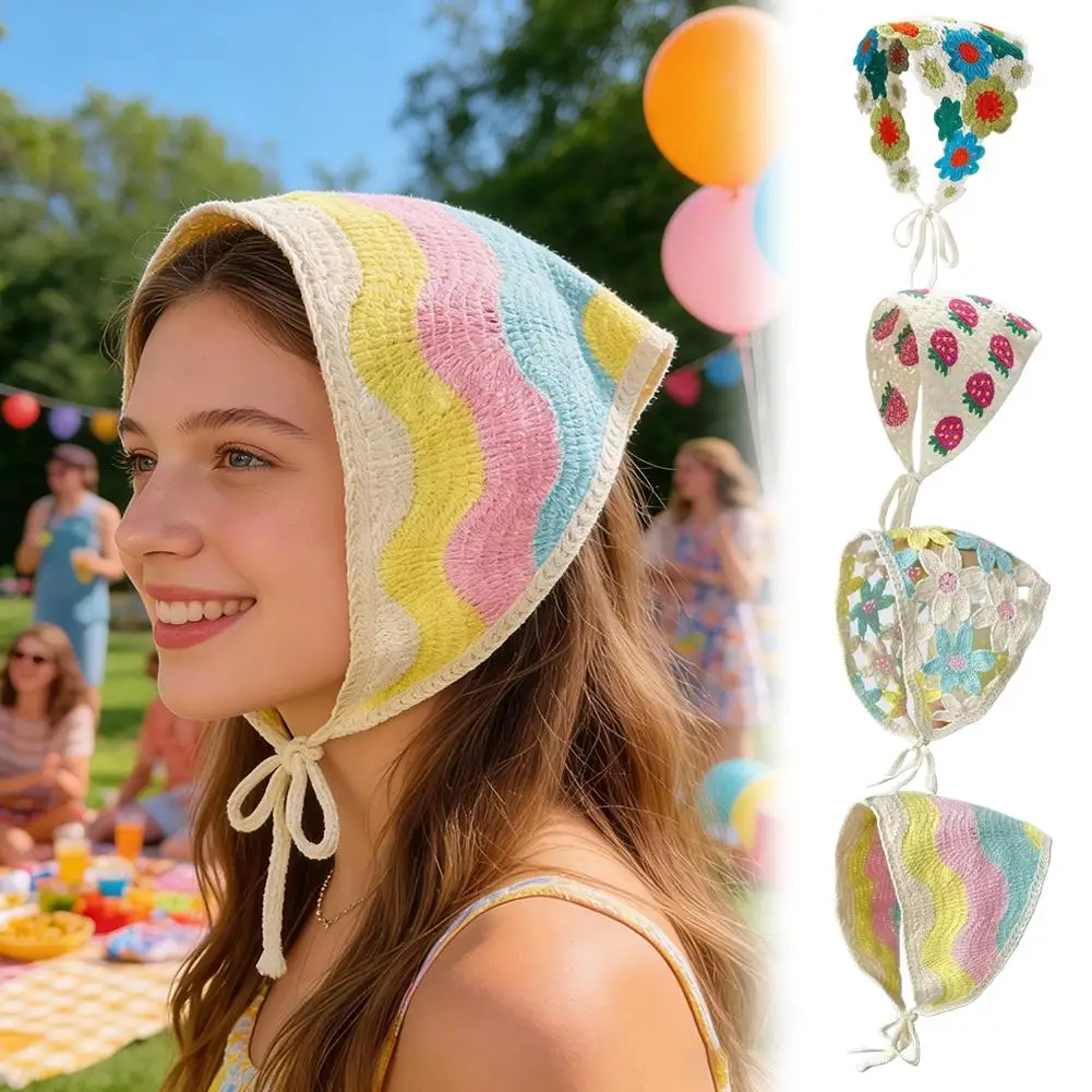

French Pastoral Style Triangle Headband Handmade Ribbon Weave Crochet Spring Summer Hollow Lace Triangle Scarf Headwear