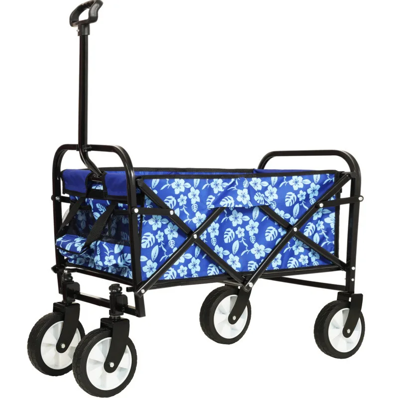 

Colorful Collapsible Foldable Wagon Cart With Strapping System Beach Wagon Camping Shopping Sports Supports 225lbs Blue Flower