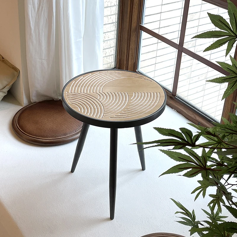 Moroccan Solid Acacia Round Table Iron Base Side Table for Patio/Balcony Nordic Farmhouse Coffee Table with Multi-Level Design