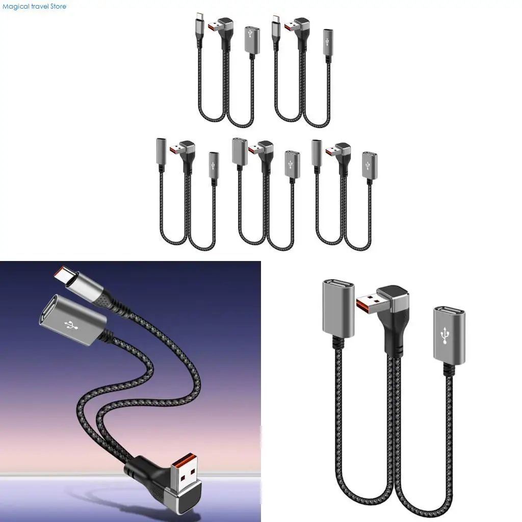 N2UB Nylon Braided USB Extension Cord USB to Type c USB Splitter 66W Power Delivery 90Degree Bend Design for Compactly Space