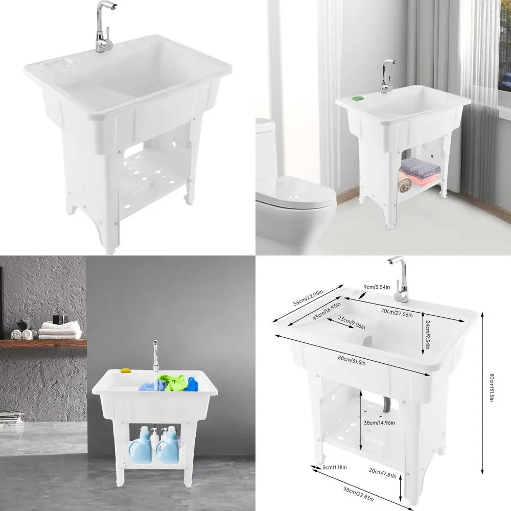

Plastic Freestanding Laundry Sink with Washboard, Hot/Cold Faucet, Hoses, and Drain Kit for Home Utility
