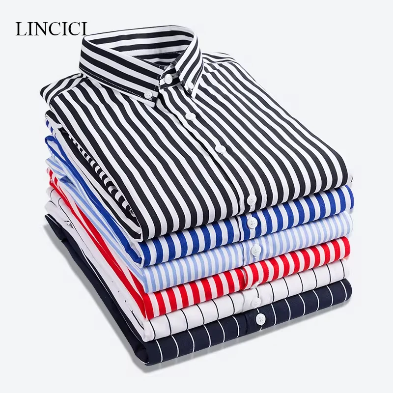 M-5XL 2023 Autumn New Men\'s Striped Shirt Solid Casual Long Sleeve Slim Fit Korean Edition Business Formal Laydown Shirt