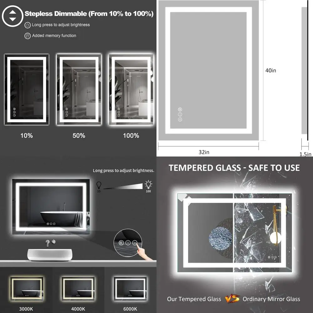 

40x32 LED Illuminated Bathroom Mirror, Step Dimmable, Anti-Fog, Shatterproof, Memory, 3 Color Options, Double Vanity Mirror (Hor