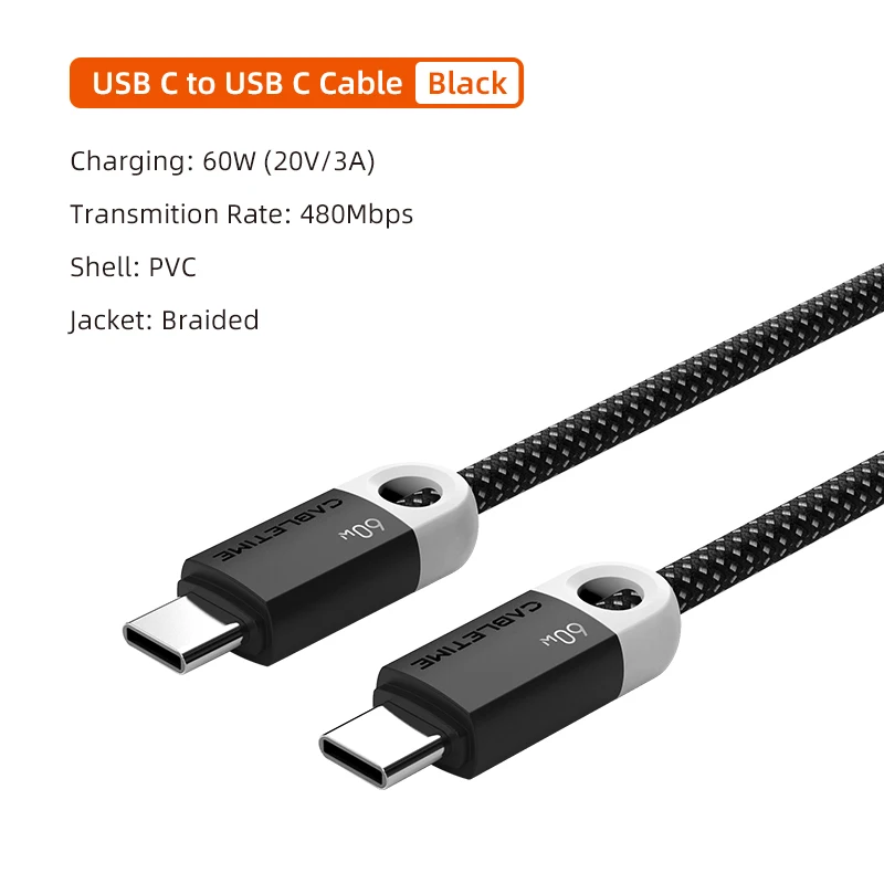 CABLETIME USB-C-auf-USB-C-Kabel, 60 W, 480 Mbit/s, Schnellladekabel, 3 A, geflochtenes Typ-C-auf-Typ-C-Kabel für Mobiltelefon, Laptop, Huawei