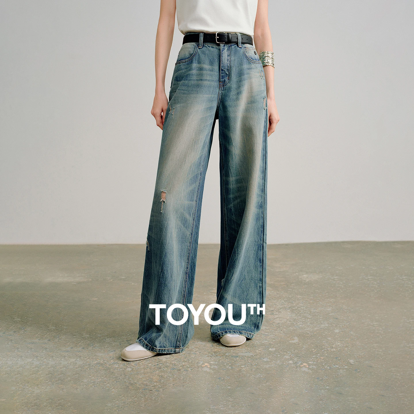 TOYOUTH Women Ice - Crack Texture Warm Cotton Jeans 2026 Spring New Distressed Vintage Mid - Rise Wide - Leg Pants