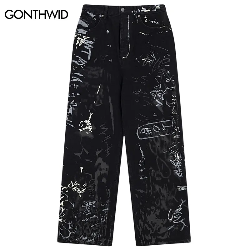 Jean Hip Hop Noir pour Homme, Pantalon Denim, Baggy, Droit, Large, Imprimé Graffiti, Mode Urbaine, Punk, FJJK, Harajuku, Y2K, 2023