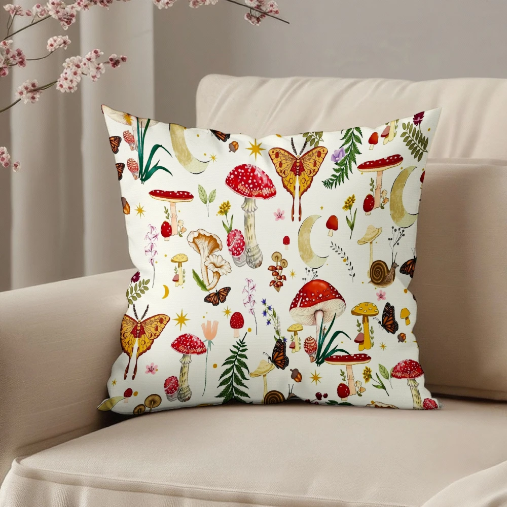 Square Throw Pillow Case Cream White Mushroom Butterfly Moon And Fern Botanical Print For Living Room Sofa Bedroom Home Decor