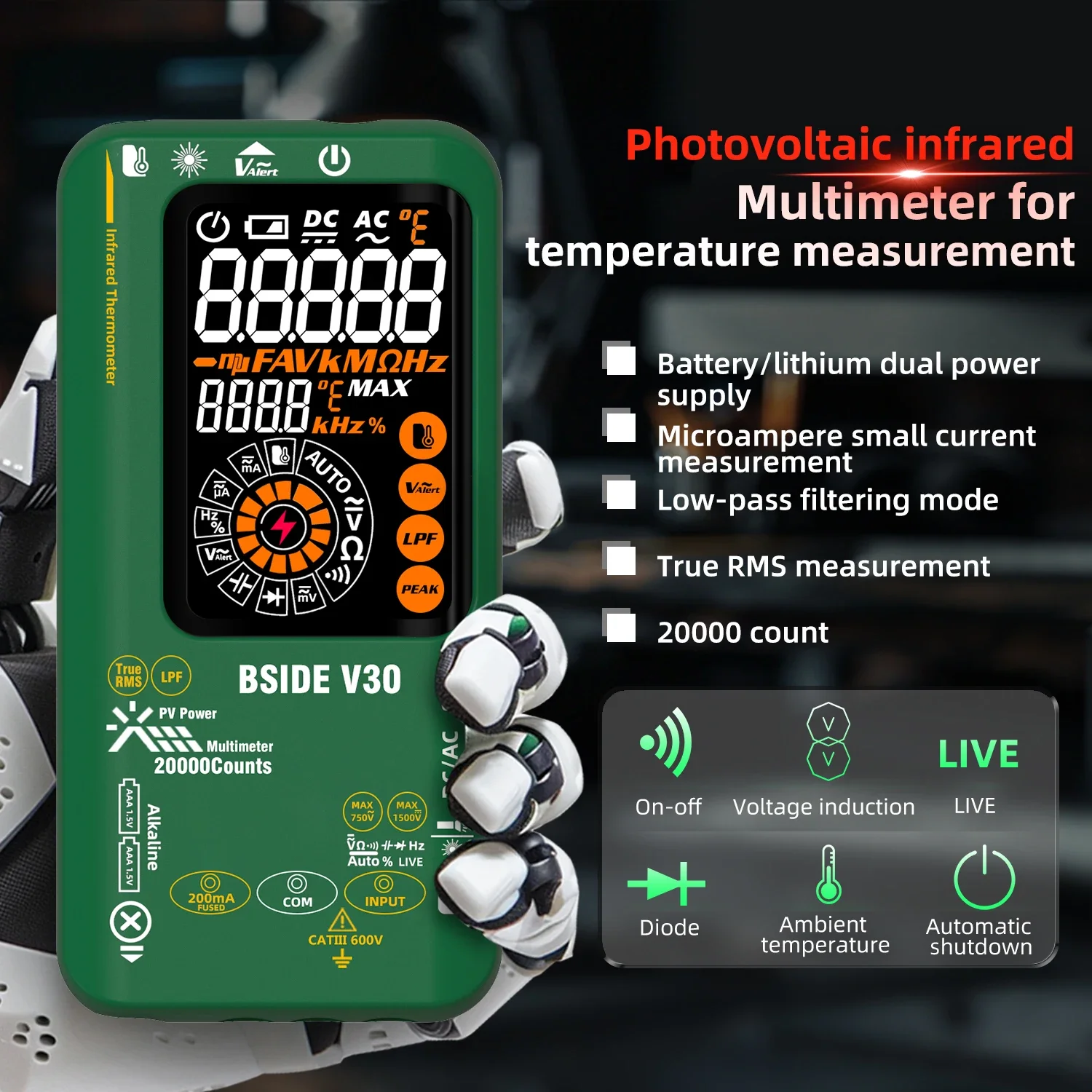 Photovoltaic intelligent digital multimeter 20000 words display infrared temperature measurement 1500V DC voltage and current