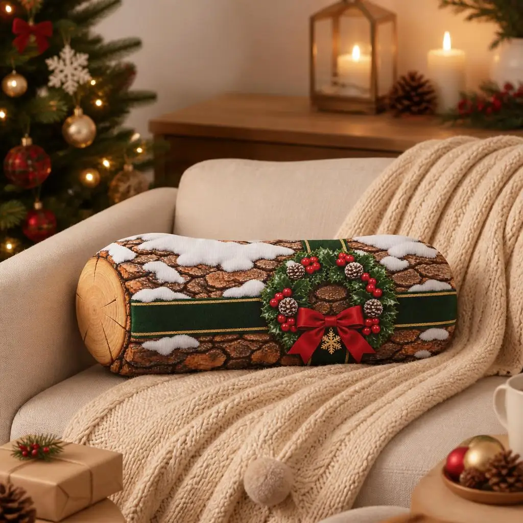 Christmas Yule Log Pillow with Holly Wreath Rustic Winter Throw Cushion Stuffed Shaped Sofa Home Decor Festive Holiday Gift