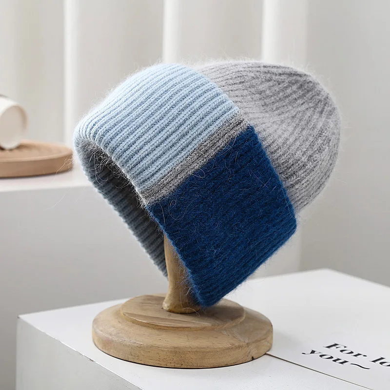 Autumn Winter Rabbit FUR Knitted Hat Women Simple Three Color Splicing Thickened Skullies Hat Versatile Pullover Beanies Hat