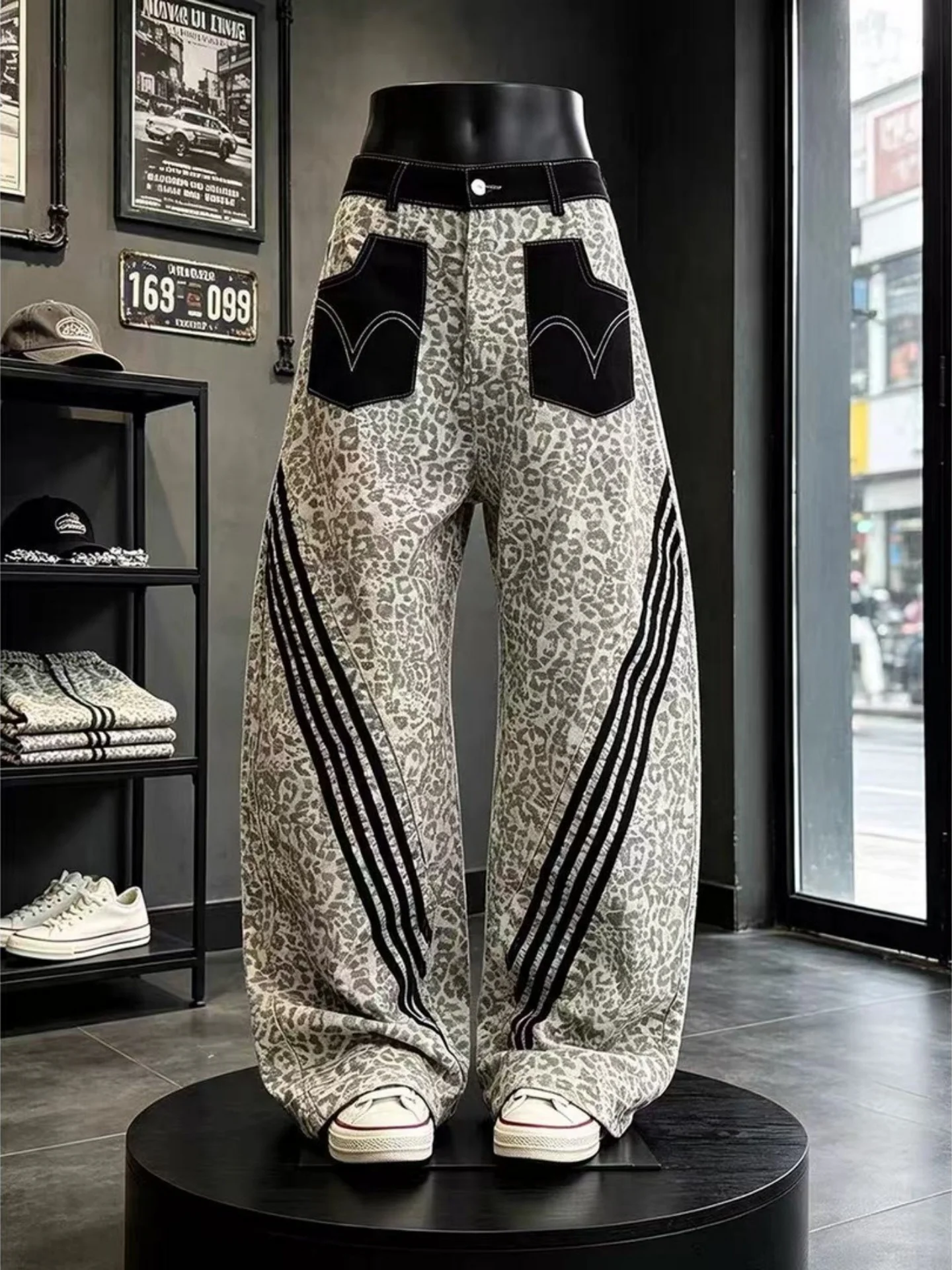 Fall American Leopard Print Patch Pocket Jeans Men's Streetwear Color Block Stripe Vintage Loose Silhouette Knife Long Pants