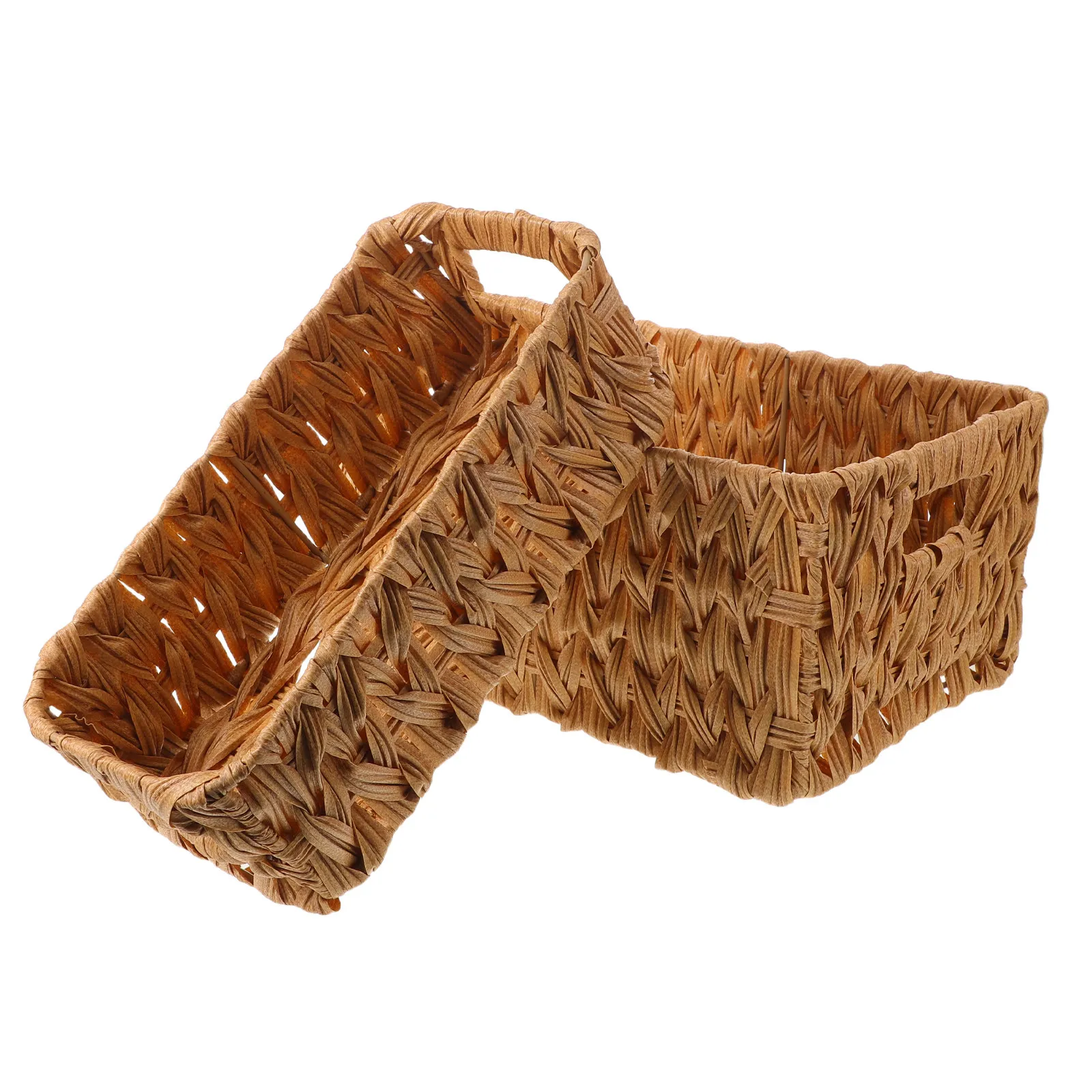 2Pcs Small Woven Storage Baskets Imitation Rattan Handwoven Beige Desktop Organizer Makeup Brush Office Sundries Storage Basket