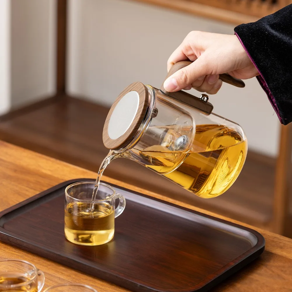One Click Magnetic Switch Water Separation Inner Container Teapot Clear Wood Handle Filter Tea Cup 600/800 ML Glass