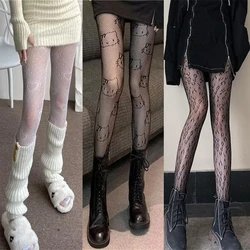 Japanese Lolita Tights Stockings Cute Heart Flower Mesh Stockings White Fishnet Pantyhose Girls Women Summer Legging Stocking