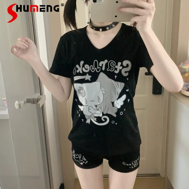 

Summer New Otaku Kawaii V-Neck T-Shirt Slim Fit Two Colors Cartoon Cat Print Short Sleeves Daily Wear V-neck Top Tees Clothes