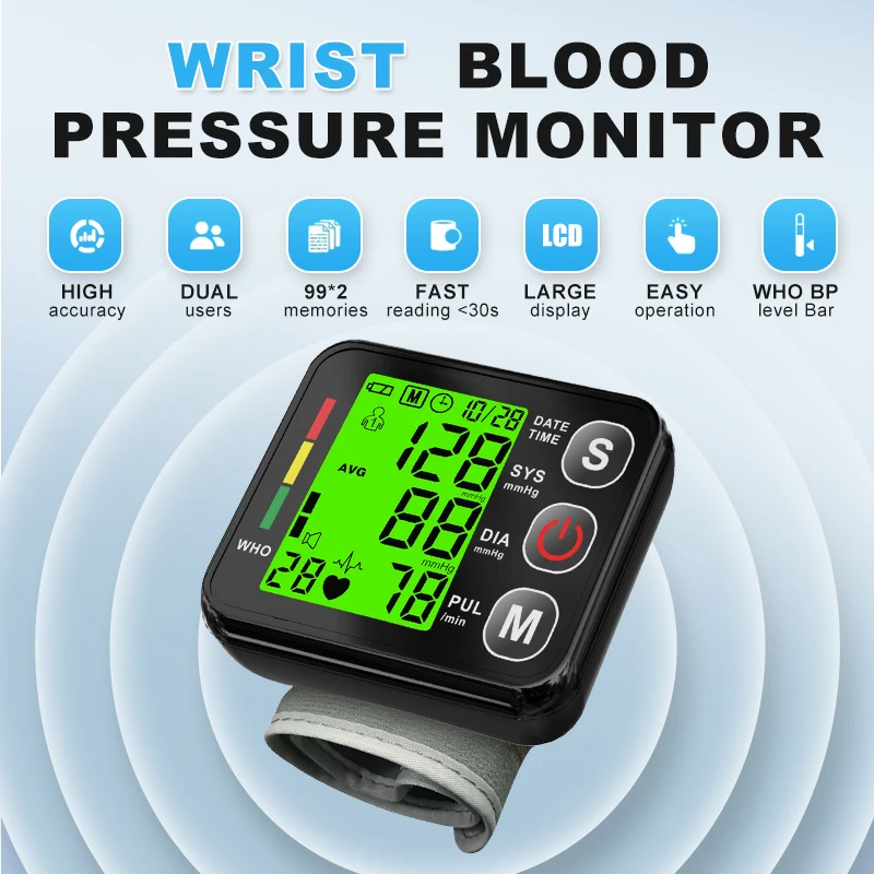 Backlit LCD Wrist Blood Pressure Monitor 3Colors Digital Sphygmomanometer Heart Rate Arrhythmia
