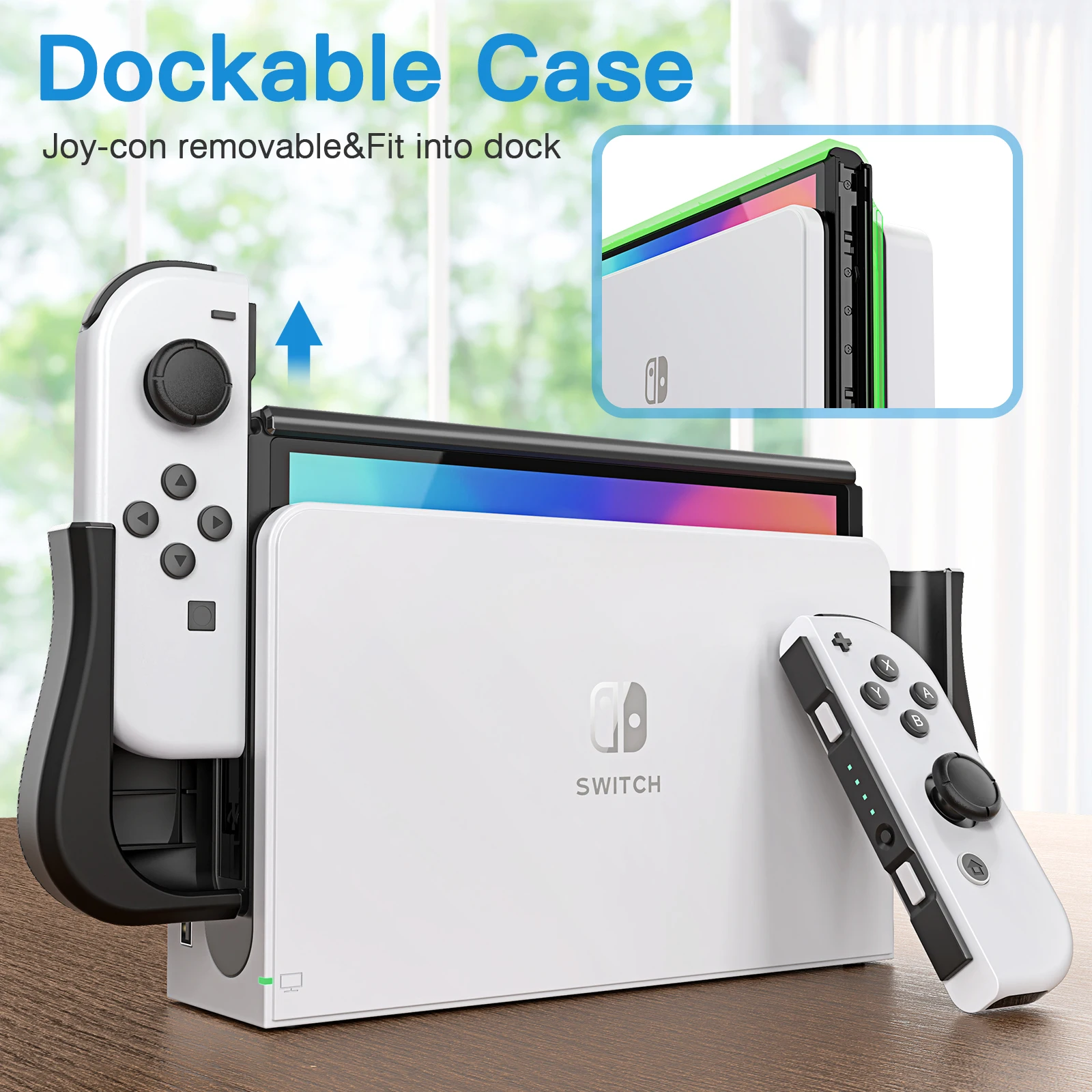 Heystop switch oled caso dockable compatível com nintendo switch oled modelo 2021, com slots de cartão de jogo e 6 pcs polegar apertos
