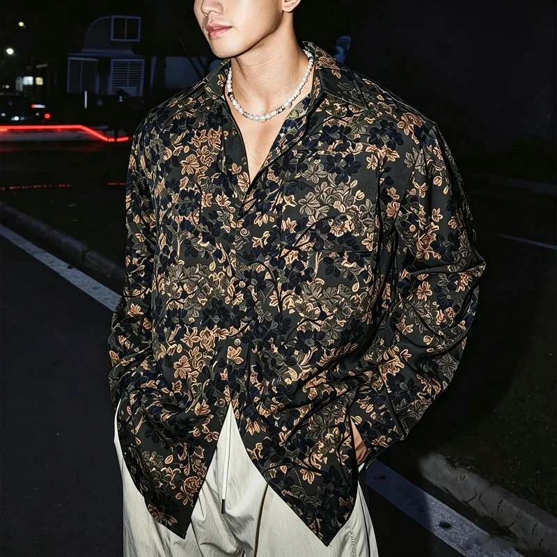 Dark Green Floral Print Loose-Fitting Shirt, Youthful and Casual Long-Sleeved Menswear.