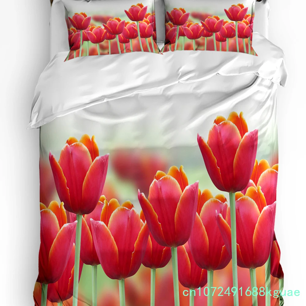 Flowers Red Bouquet Tulips Duvet Cover Bed Bedding Set Home Textile Quilt Cover Pillowcases Bedroom Double Bedding Set No Sheet