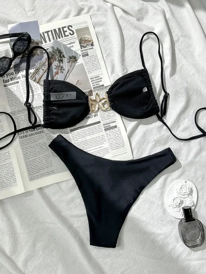 

Сексуальный комплект бикини с металлическими украшениями в виде морской звезды, 2025, женский черный купальник с пуш-ап и высокой талией, летний купальный костюм, купальник из двух предметов