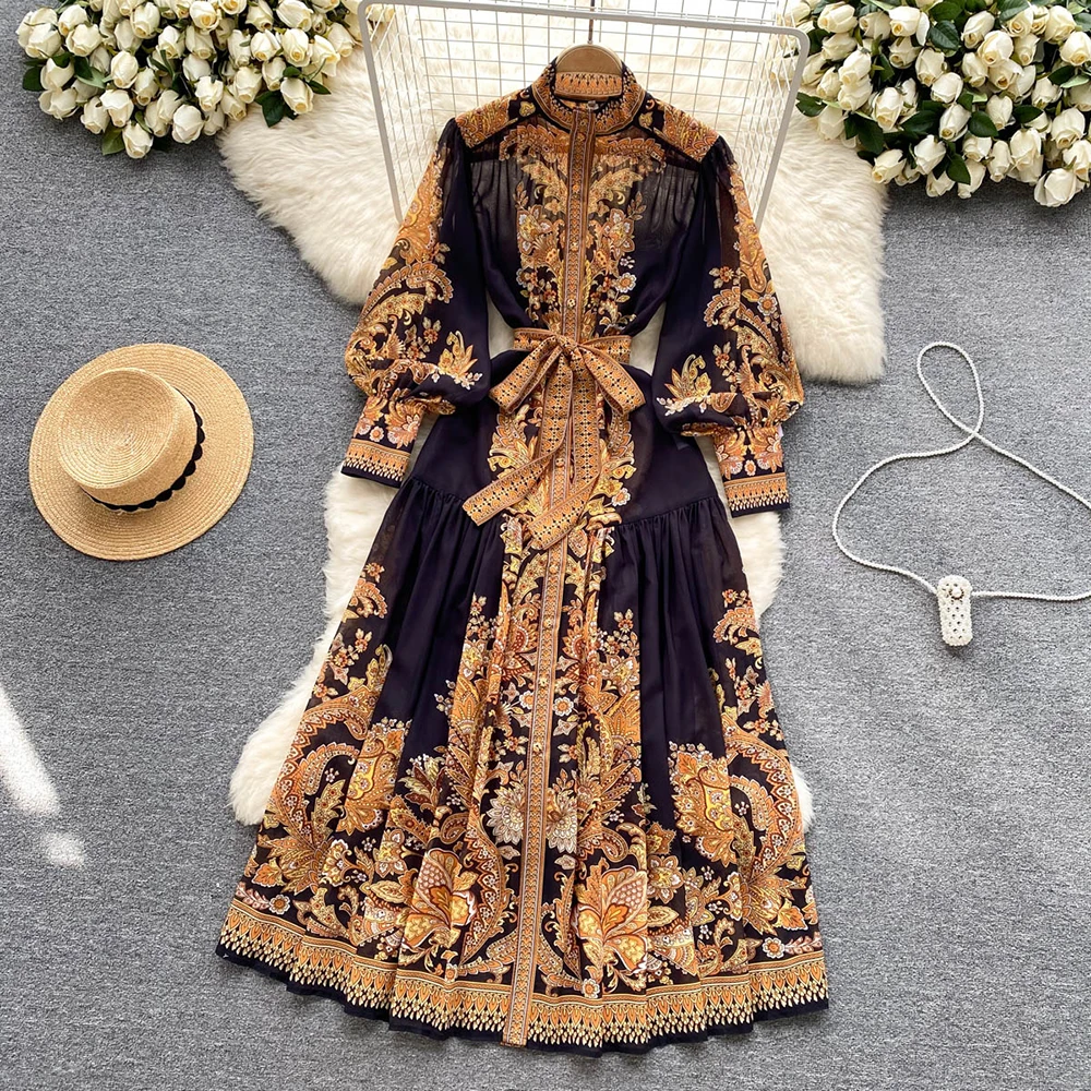 Imagem -05 - Vestido Longo Boho de Cintura Alta Feminino Estampa Elegante Gola o Manga Comprida Cinto Linha a Solto Outono Tamanho Grande