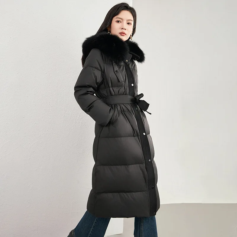 

Winter Jackets Woman 2024 with Belt Long Down Coats Fashion Big Fox Fur Collar Thicker Warm Down Coat Hooded Fur Collar Parka