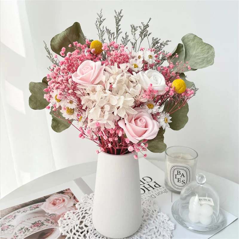 

Beautiful Rose Artificial Flower Natural Gypsophila Dry Eucalyptus Leaves Bouquet Home Party Winter Wedding Floral Decorations