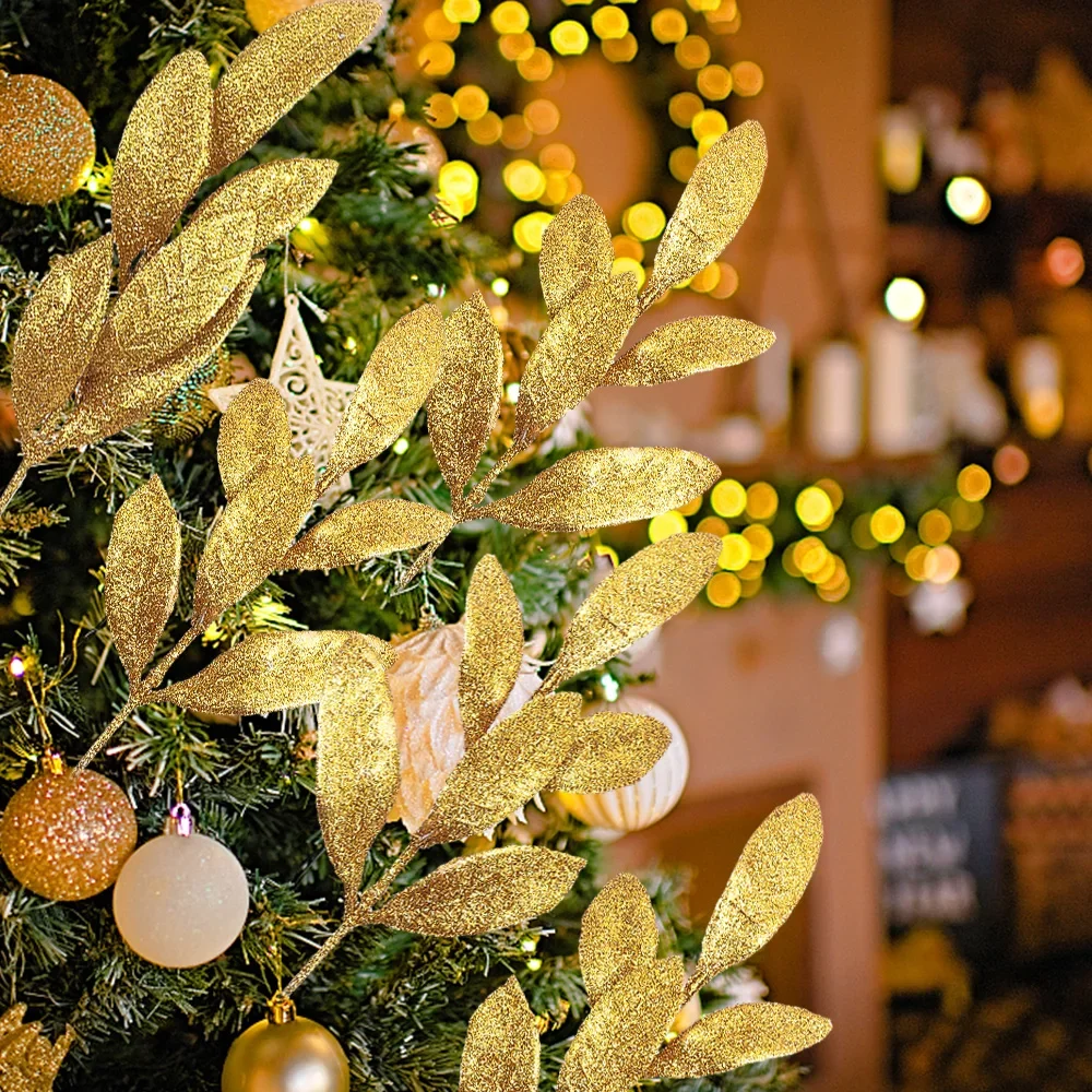 Christmas Artificial Leaves Branch Silver Simulated Plant  Flash Gold Powder Olive Christmas Tree Garland Decoration Supplies