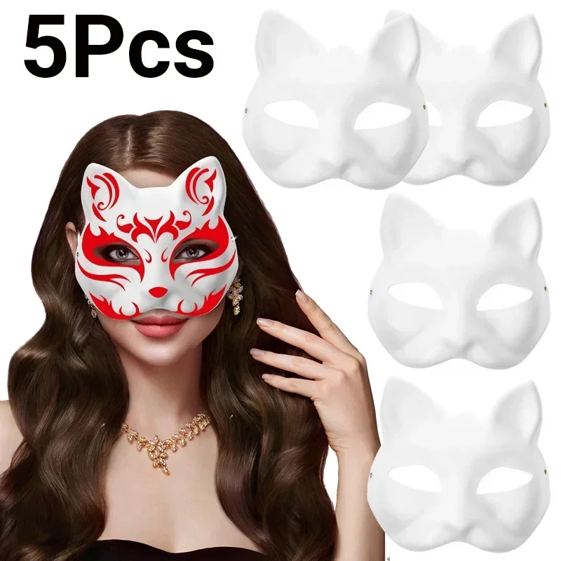 10/5Pcs Masquerade Paper Blank White Halloween Cosplay Cat Diy Forface Paintable Couple Half Animal Mache Party Mardiup Craft