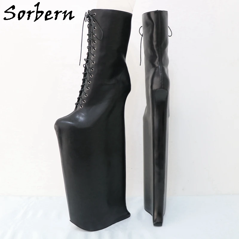 Sorbern 50cm High Heelless Mid Calf Boots For Women Wedge Platform Hidden Platform Black Drag Queen Booties Unisex Style