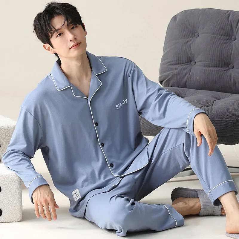 

Men's Cardigan Nightwear for Autumn and Spring Long Sleeves Sleeping Top Trouser Modal Soft Sleepwear Male Solid Home Clothes