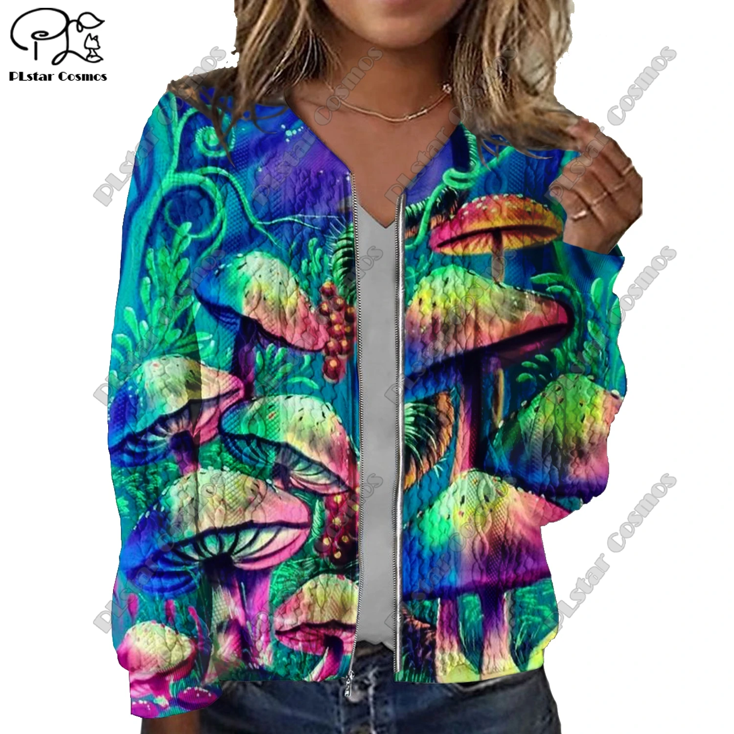 New 3D printed gradient mushroom psychedelic pattern printed women's jacket threaded texture casual authentic short jacket