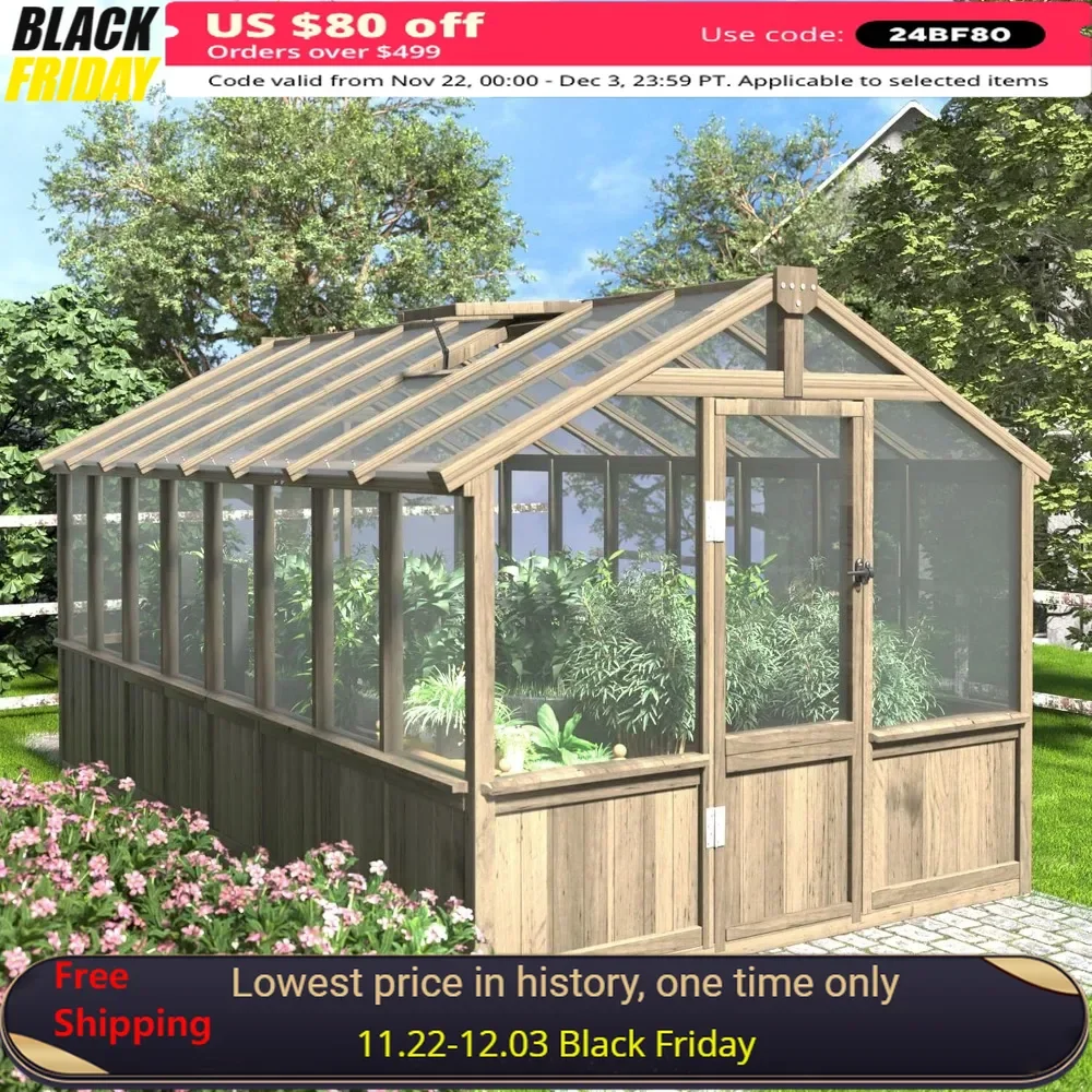 8x16 FT Greenhouse Kit for Outdoor, Polycarbonate Wooden Walk-in Green House with Lockable Door and Adjustable Roof Vent