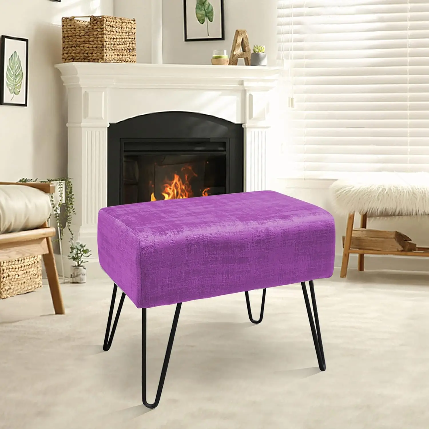 

Rose Purple Velvet Tufted Ottoman Entryway Bench 19.5""X12.5""X17""H Comfy Furry Makeup Stools Sturdy Foot Rest Stool Bedroom