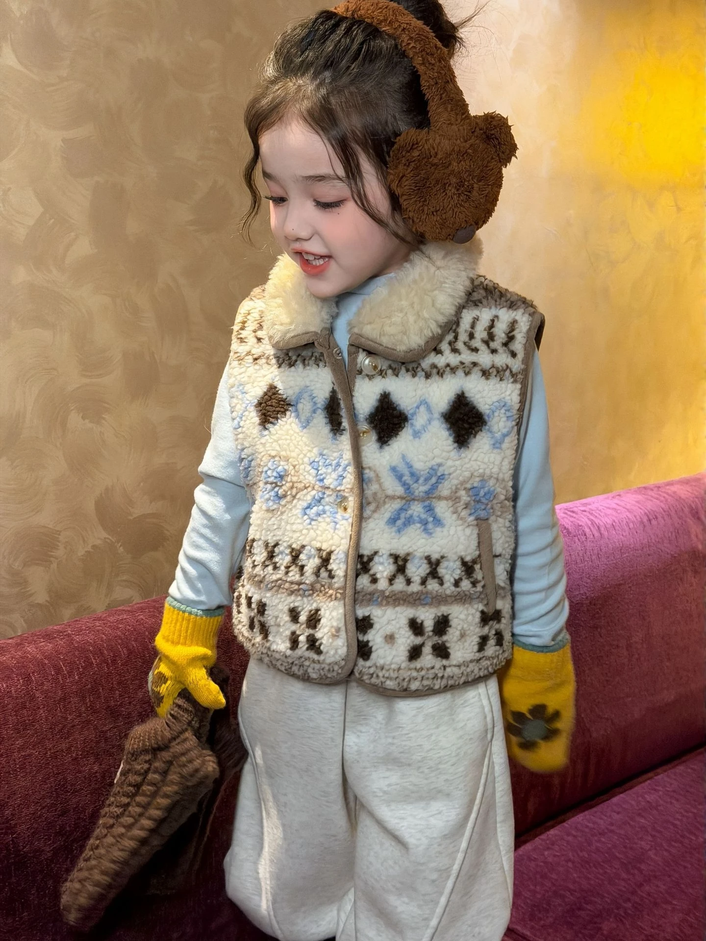 Autumn Winter Kids' Fleece Lined Warm Cardigan Vest Coat Collar Turn down Cute Lamb Fur Soft Original Design for Boys And Girls
