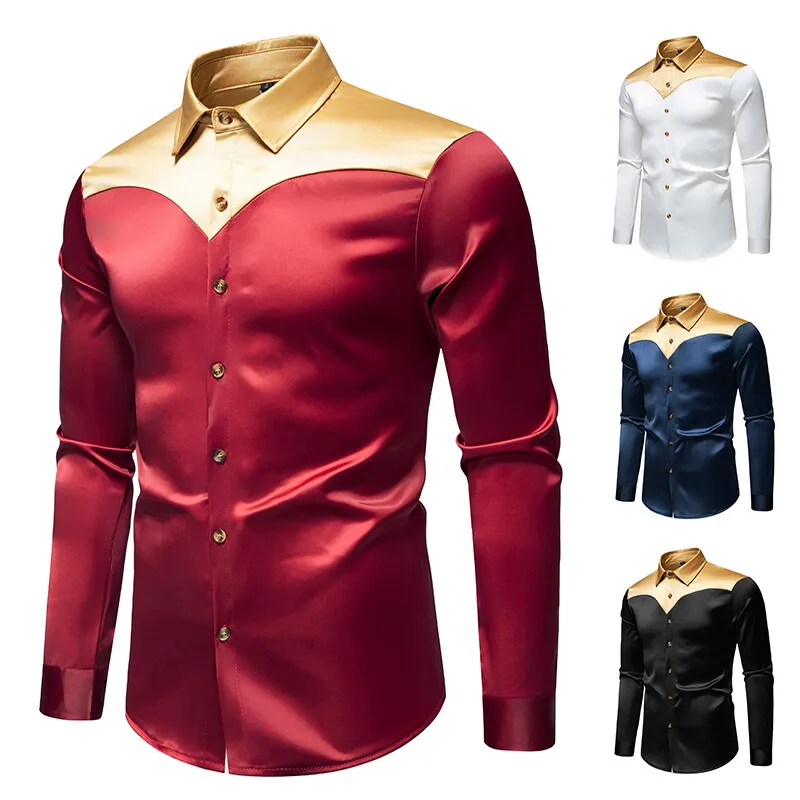 Sexy Patchwork Color Satin Silky Shirts for Men Designer Clothes 2025 Luxury Long Sleeve Evening Party Formal Dress Hippie Shirt