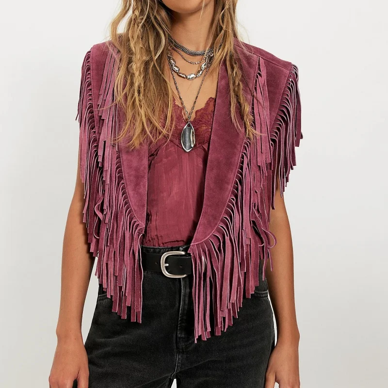 Women Suede Fringe Vest 70s Hippie Style Studded Shawl Vests Vintage Cowgirl Poncho Cape Top Western Outfits
