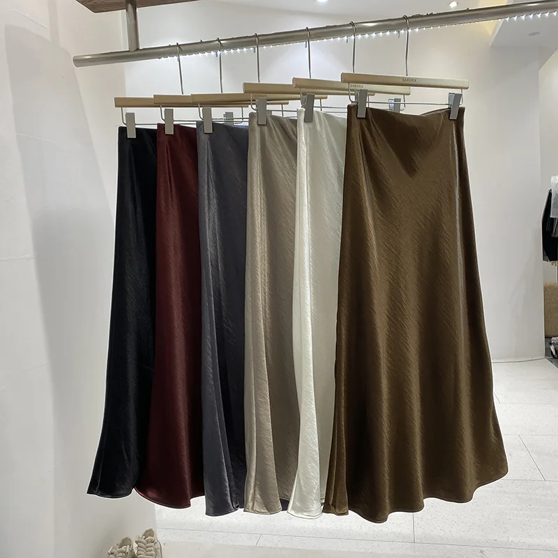 

Elegant High Waist Satin Wrap around Fish Tail Skirt Midi Skirt Women's Fashion Autumn 2024 Polyester Fiber Commute Style