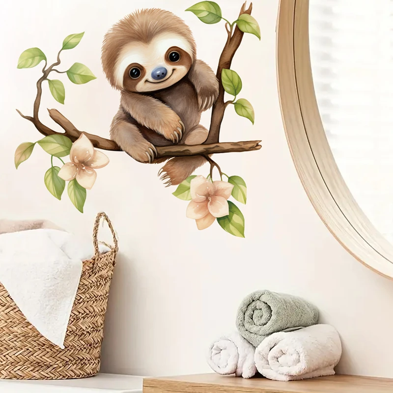 Cute Sloth on the Flower Branch 3D Vinyl Stickers for Home Decorations Aesthetic Room Wall Door Window Fridge Cabinet Art Mural