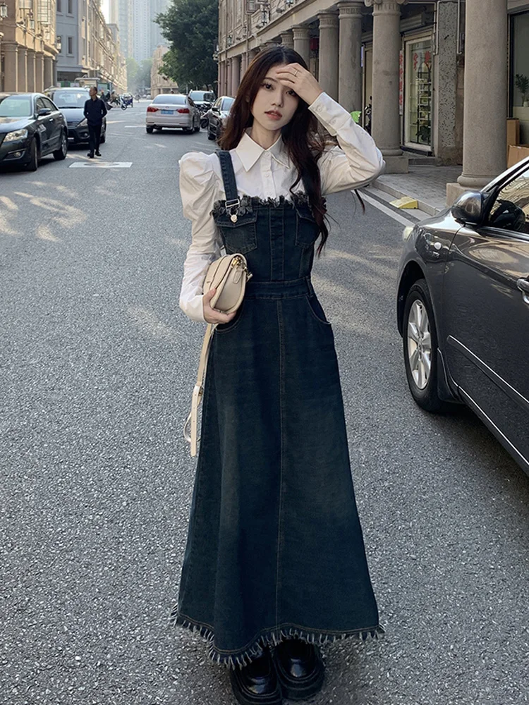 

2023 Women's Denim Strap Dresses Korean Style Retro Sleeveless Long Dress New Streetwear Burrs Pockets Vestidos