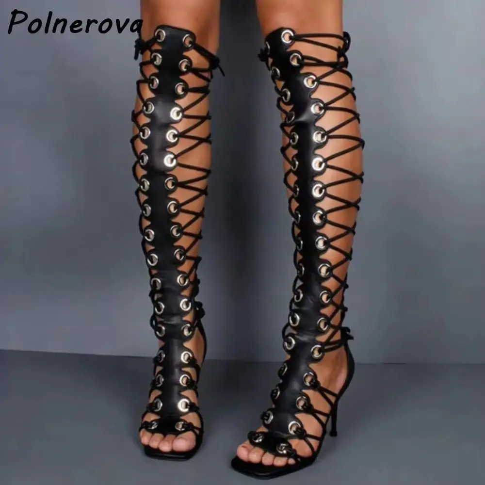 Black Lace-Up Sandals Boots Hollow Square Toe Thin Heels with Metal Eyelet Detail Shoes Summer Party Club Roman Strappy Shoes