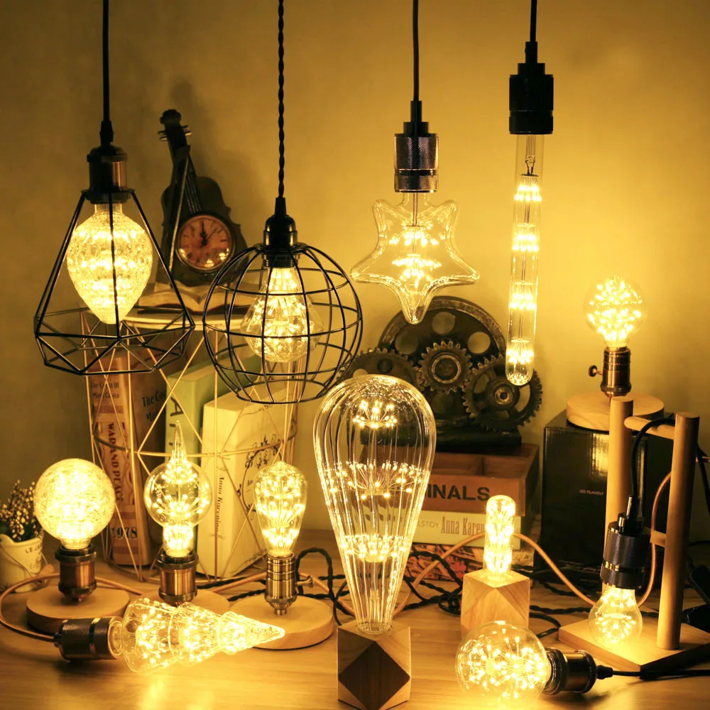 Lâmpada LED Vintage Tianfan, fogo de artifício estrelado, lâmpada Edison, vidro transparente, brilho caloroso, luz decorativa, 3W, AC 85-265V, E27