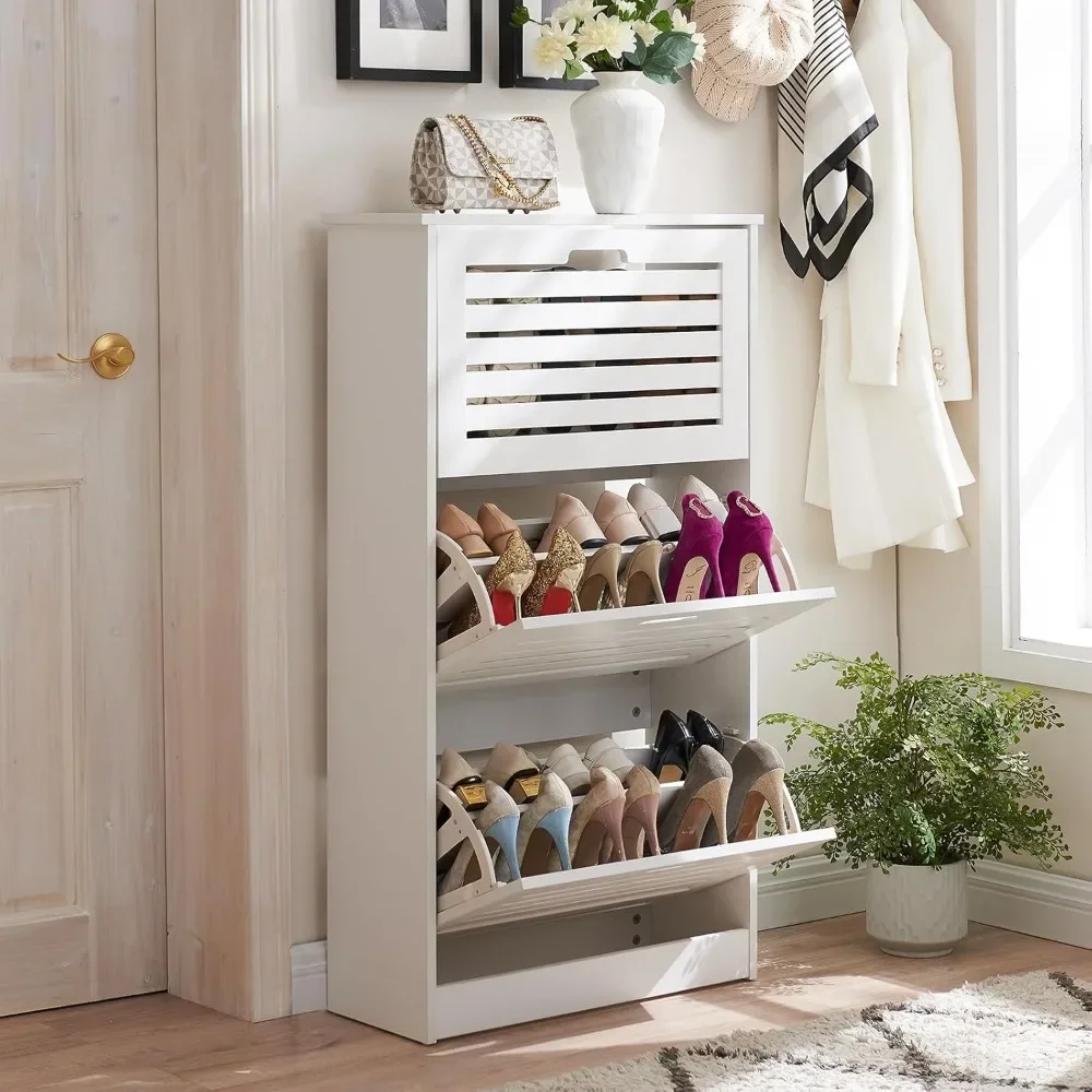 

Narrow Shoe Cabinet with 3 Flip Drawers Freestanding Shoe Cabinet Organizer with Hidden Handle Wooden Shoe Rack Storage Cabinet