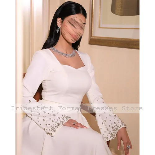 Imagen 2 del producto Vestido de noche elegante de cristal de manga larga con escote en forma de corazón, vestidos de noche modernos para mujer, vestidos de invitados de boda de color marfil 2025