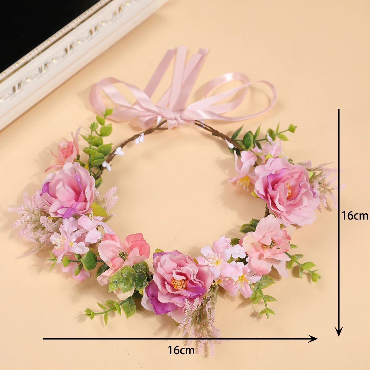 Forest-Style Pink and Purple Gradient Artificial Flower Wreath Headpiece, Bridal Travel Photo Shoot Hair Accessory, Adjustable Ribbon Headband
