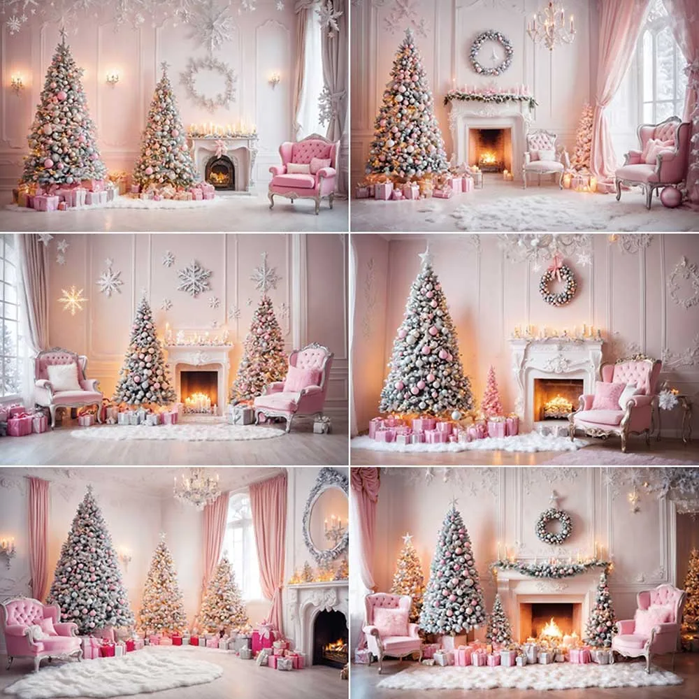 

MOON.QG Christmas Tree Fireplace Pink Photography Backdrop Children Living Room Gift Background Home Photo Studio Shooting Props