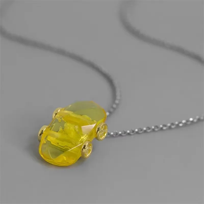 INATURE 925 Sterling Silver Natural Amber Car Pendant Necklace For Men Women Jewelry Birthday Gifts