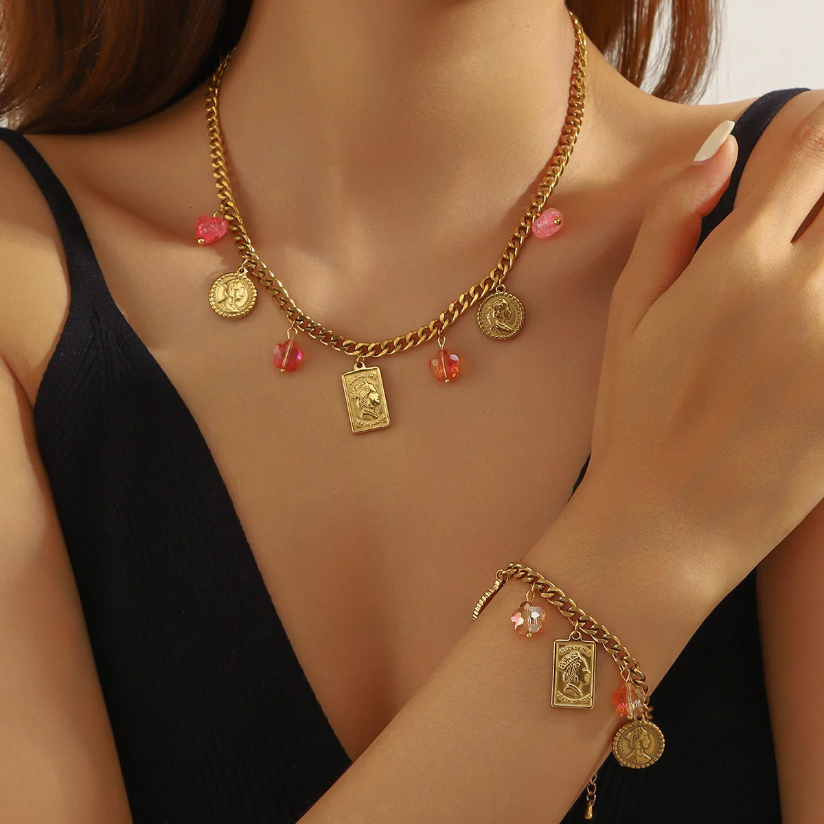 LENNIK อเนกประสงค์ Retro แฟชั่นผีเสื้อภาพสร้อยคอจี้สร้อยข้อมือหรูหรา High-end ชุดเครื่องประดับสแตนเลส