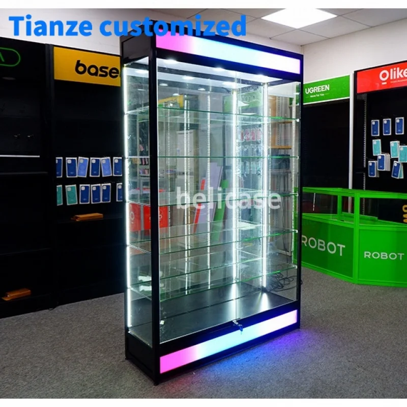 

(customized)Adjustable Glass Shelves Wall Cabinet Retail Shop Displays Toys Glass Cabinets Flash Light Showcase Smoke Shop